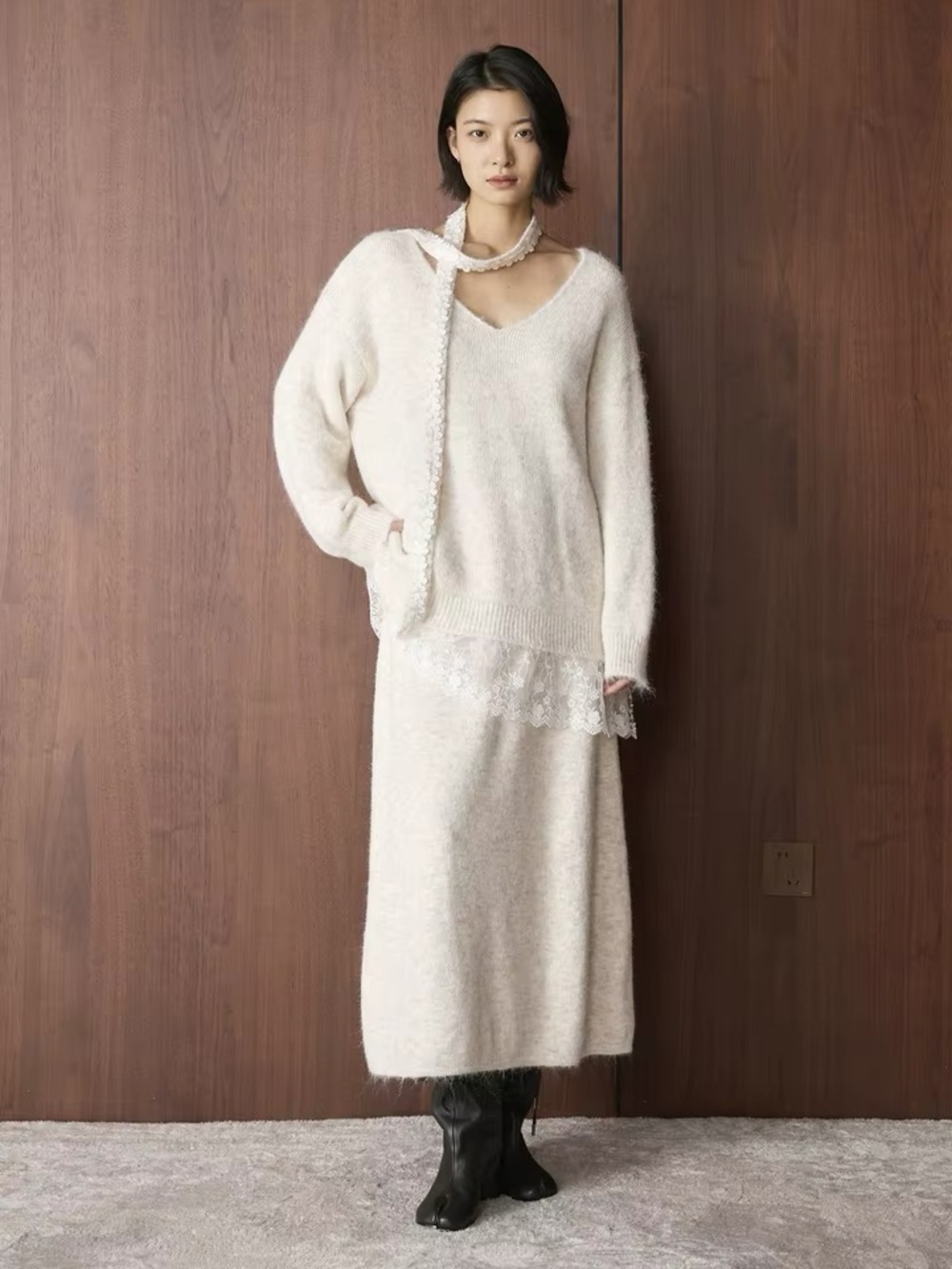 Wool Blend Beige Knit Sweater and Skirt Set with Lace Detail